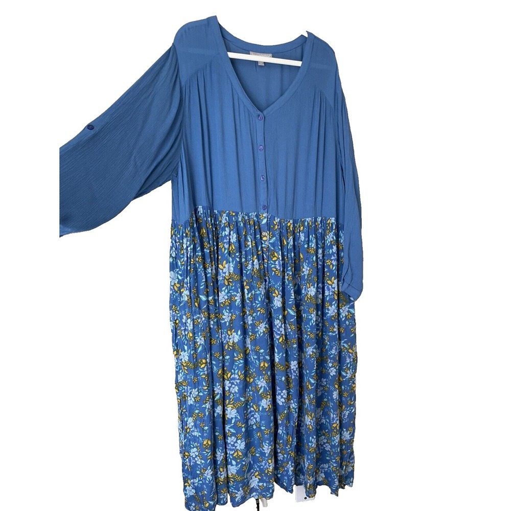 Woman Within Blue Yellow Floral Maxi Button Front Cottage Boho Modest Size 28W